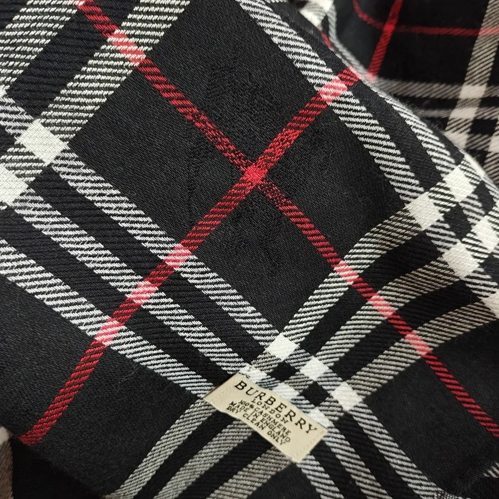 Burberry Nova Check Scarf Stole Muffler Black 100% Cashmere England Embroidered